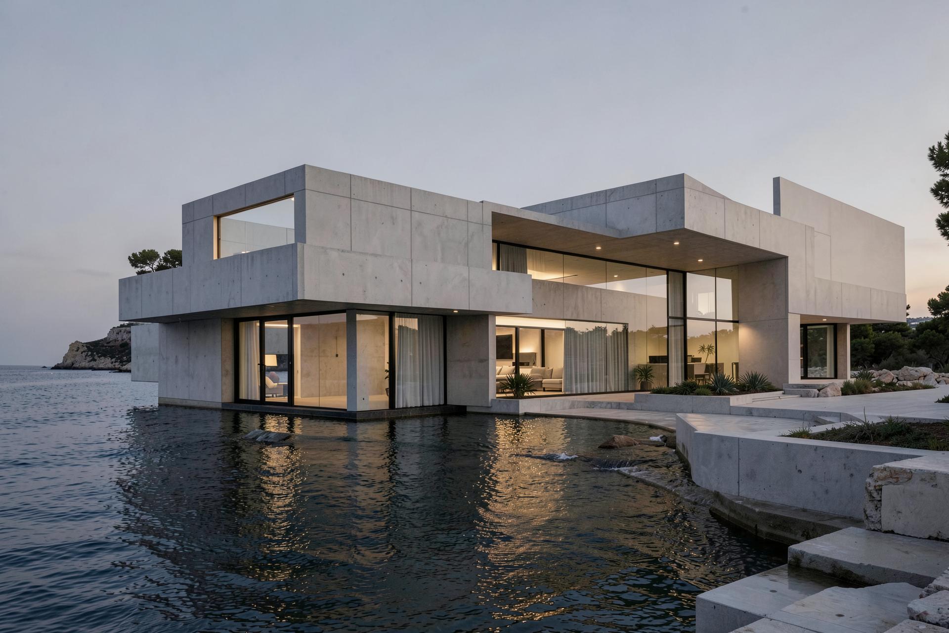 Contemporary coastal residence at dusk