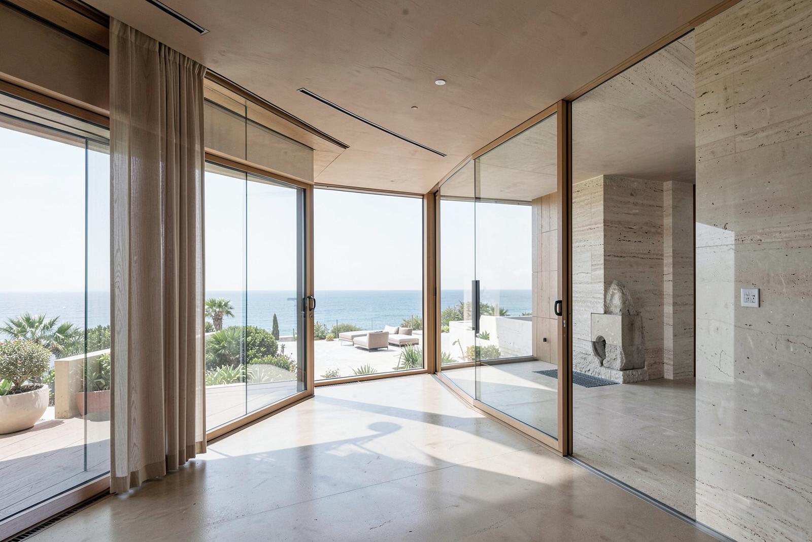 Minimalist interior with full-height glazing and stone finishes
