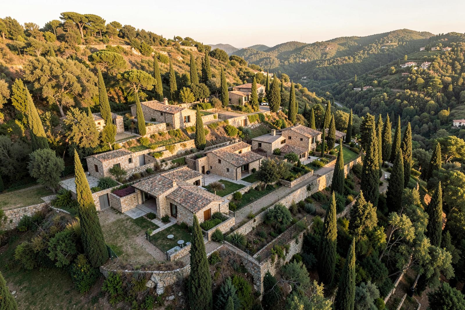 Hillside stone houses among cypress trees at golden hour